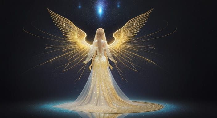 Celestial Goddess with Golden Hair and Iridescent Wings