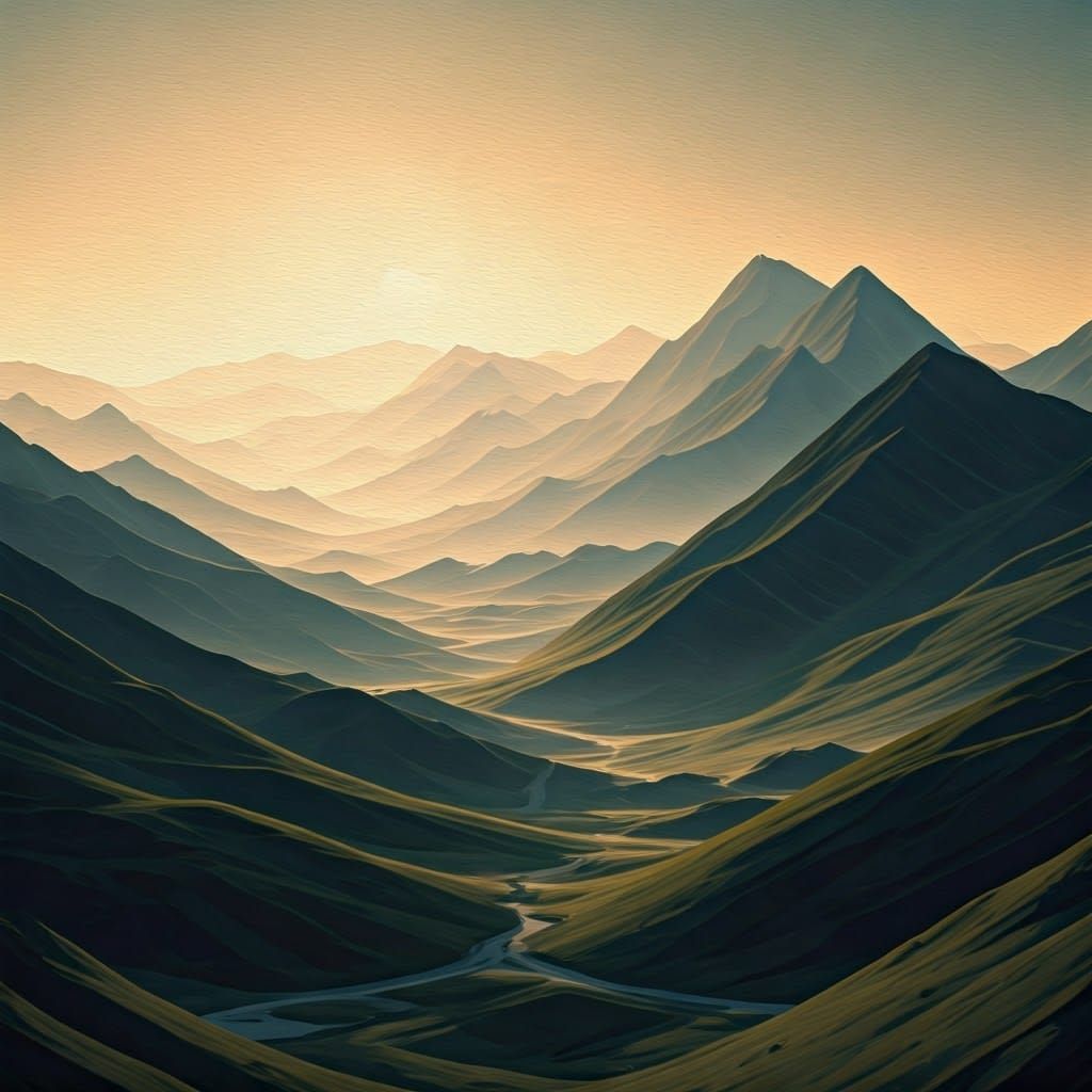 Dreamy Watercolor Landscape of Majestic Mountains and Rollin...