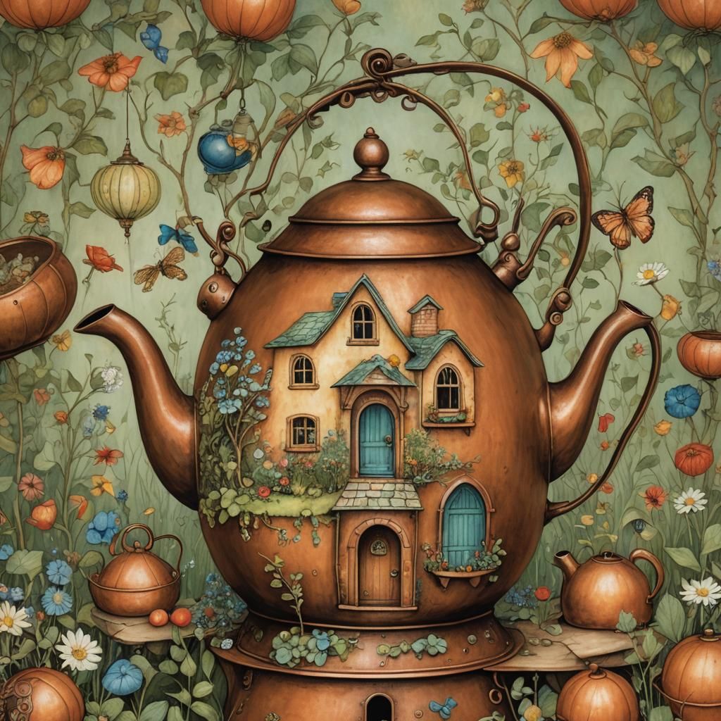 Fantasy House in Kettle, Naive Art Style