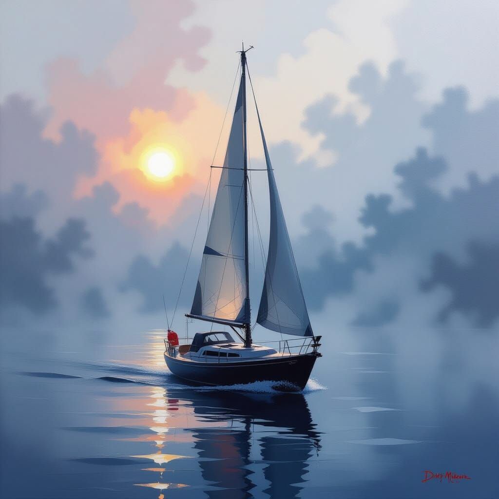 Surreal Sailboat in Fog, Abstract Oil Painting