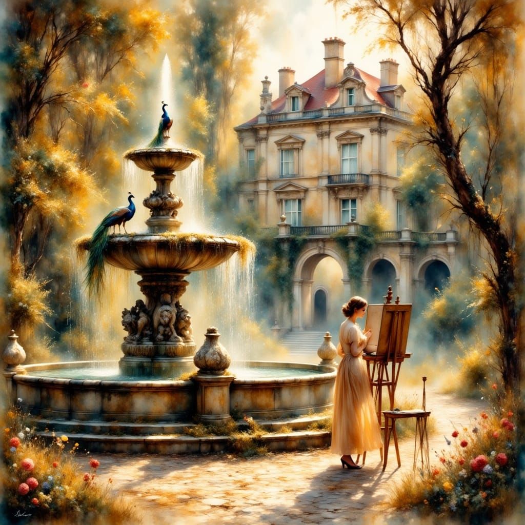 Grand Fountain with Peacock in Romantic Style