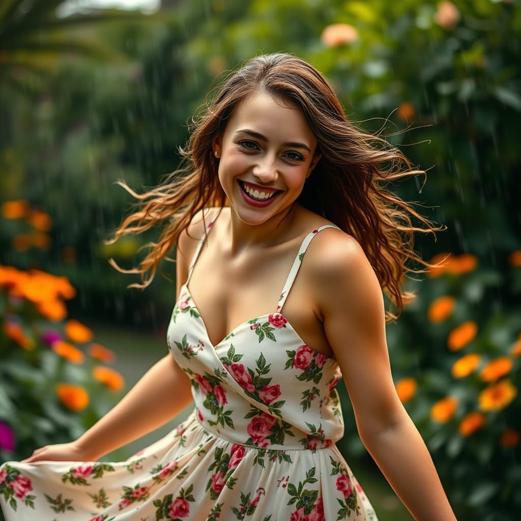Joyful Woman Dancing in Rain-Soaked Garden