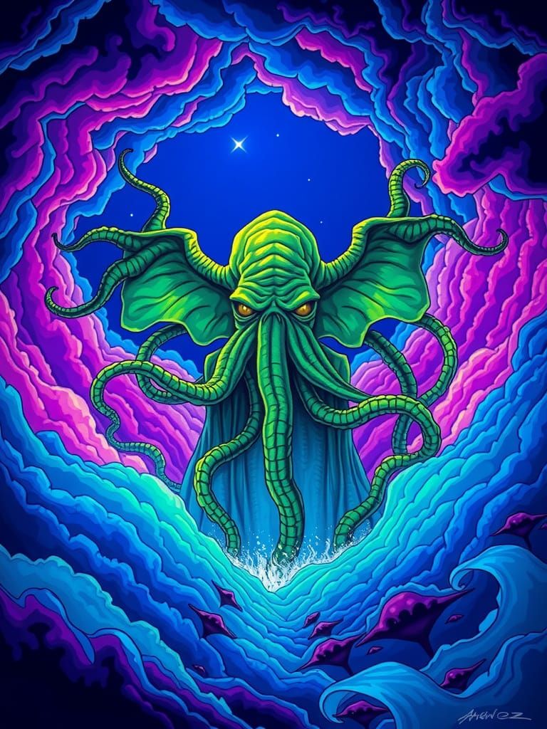 Towering Cthulhu Rises from Vortex of Neon-Hued Chaos
