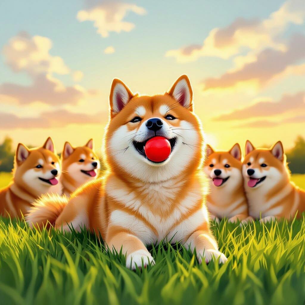 Shiba Inus Playful Sunset Scene in Oil Pastel Style