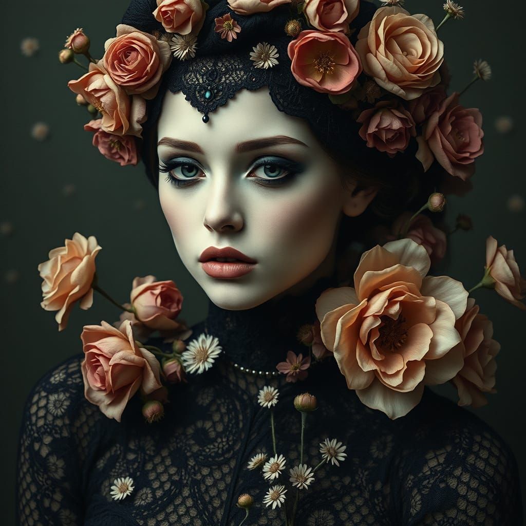 Surreal Portrait of a Woman in Black Lace and Withered Flowe...