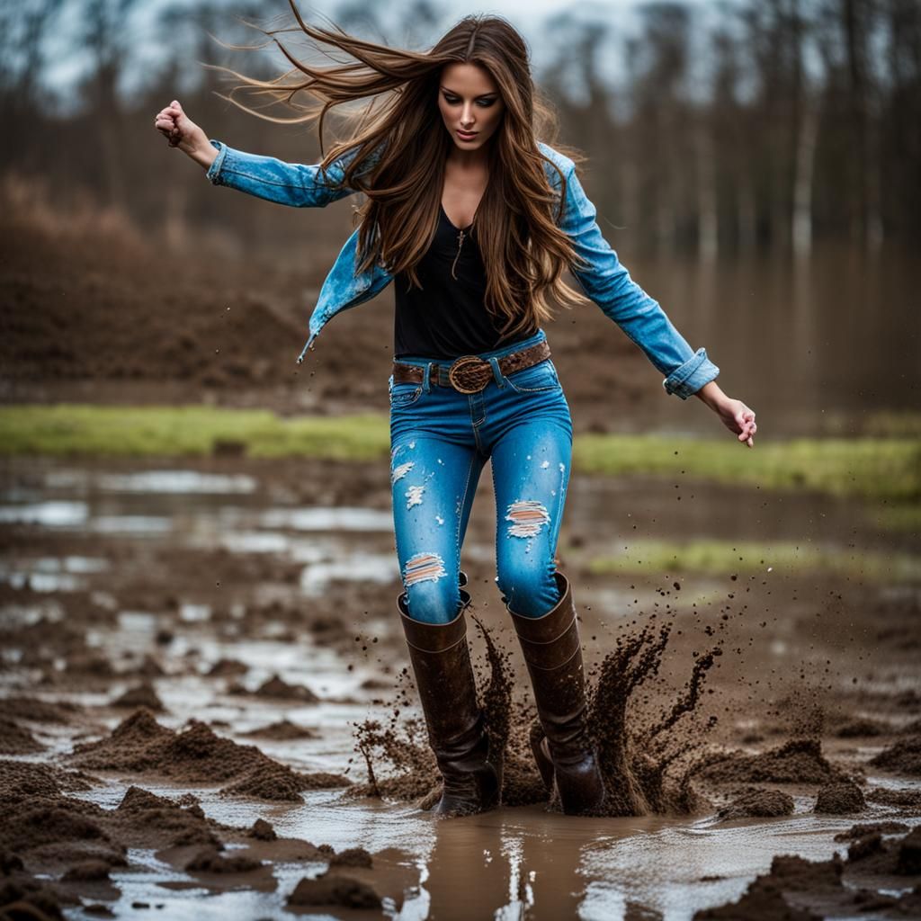Girl Splashing in Mud with Splattered Jeans