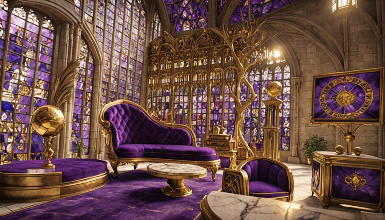 Elegant Hogwarts-Style Lounge with Marble and Stained Glass