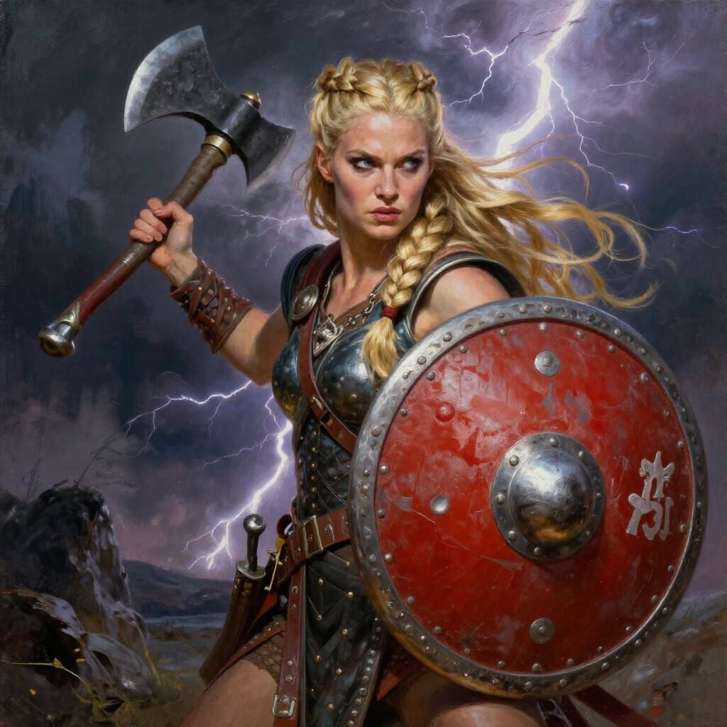 Viking Shieldmaiden Warrior with Axe and Fierce Look