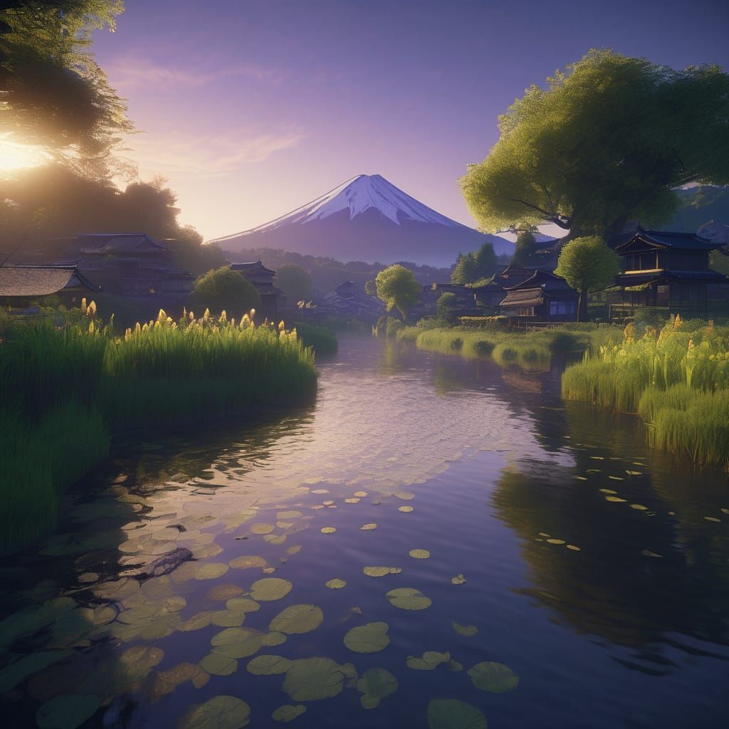 Japanese Countryside Nocturne in Soft Moonlight