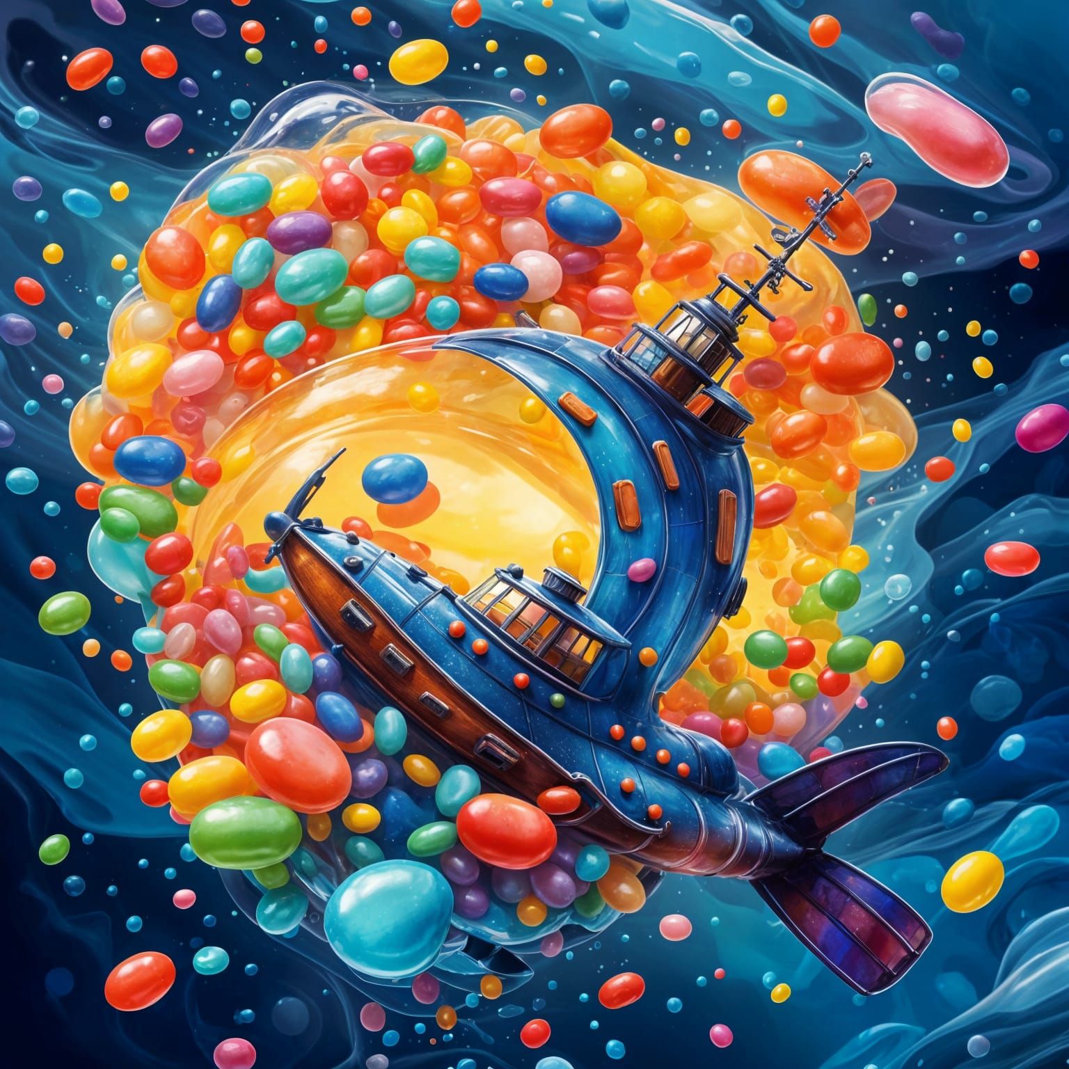 Vibrant Candy Art Submarine Exploring Jelly Bean Ocean