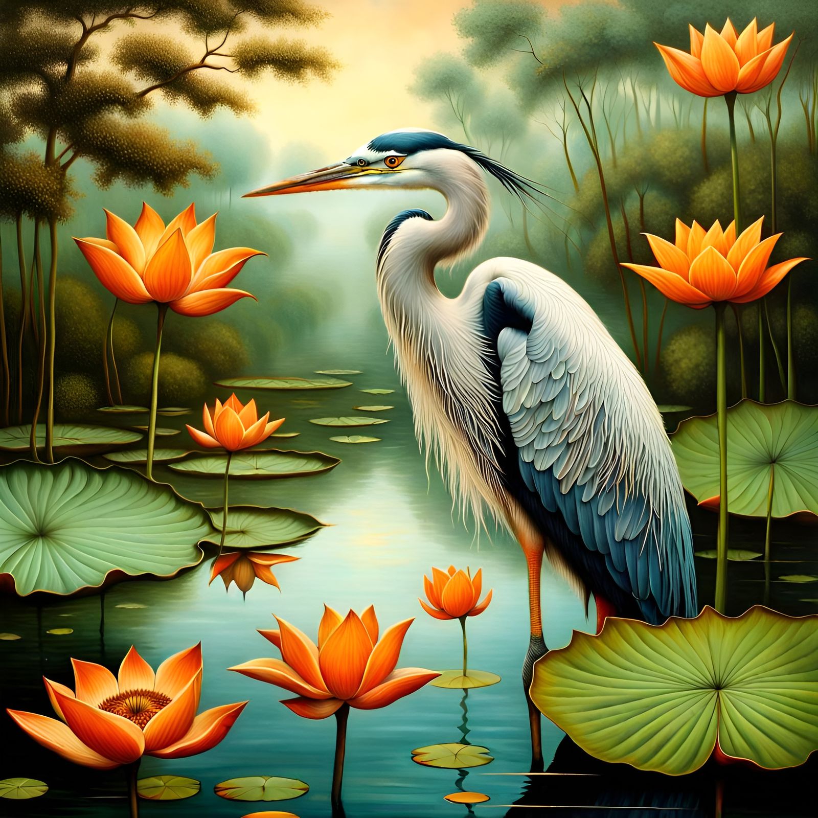 Surreal Heron in Lotus Pond: Allegorical Realism Bird Art