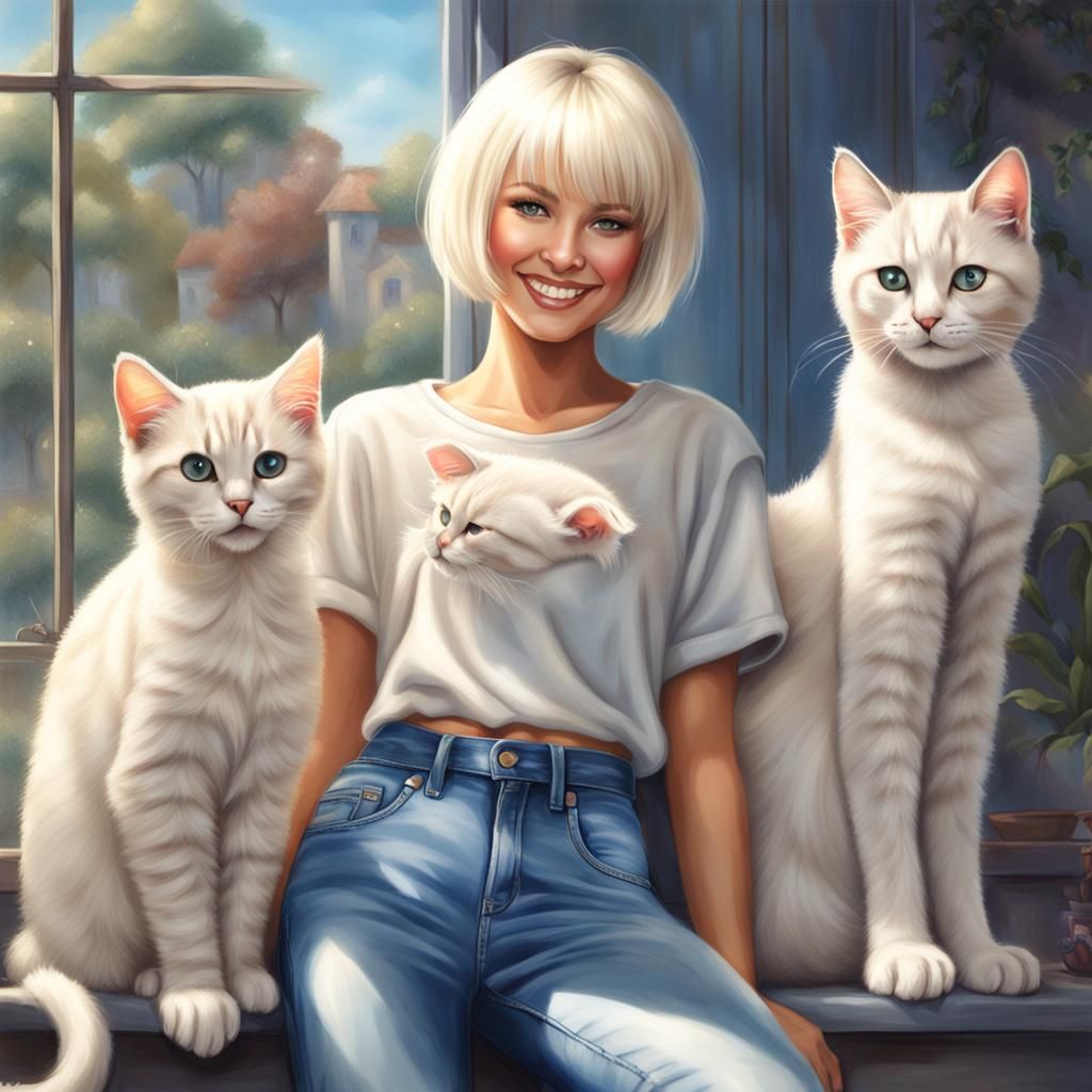 Platinum Blonde Woman with Kittens in Anime Style