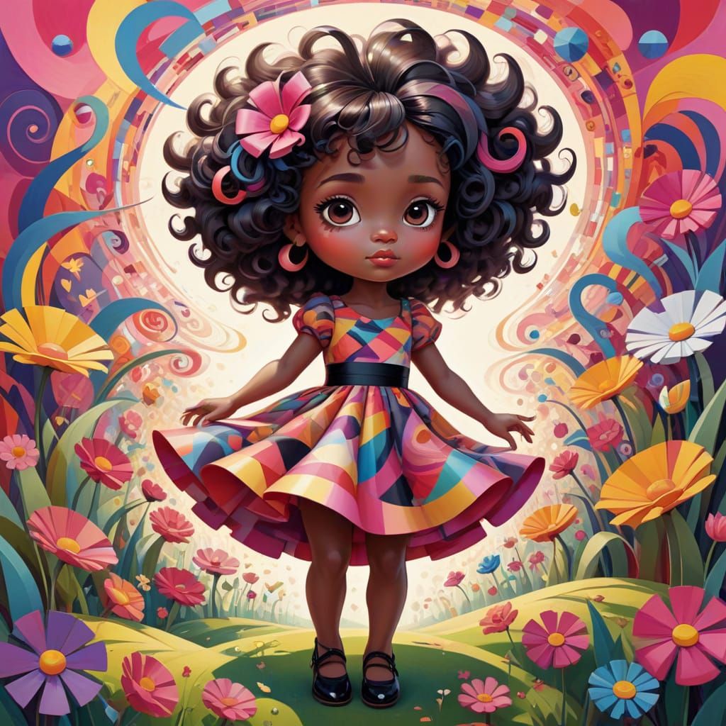 Psychedelic Chibi Girl in Flower Meadow, Digital Art
