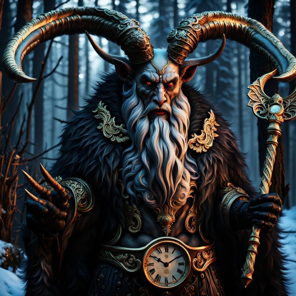 Ominous Krampus in Dark Winter Forest