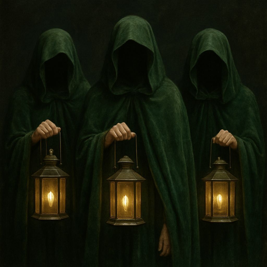Mysterious Figures in Green Velvet Cloaks Holding Lanterns