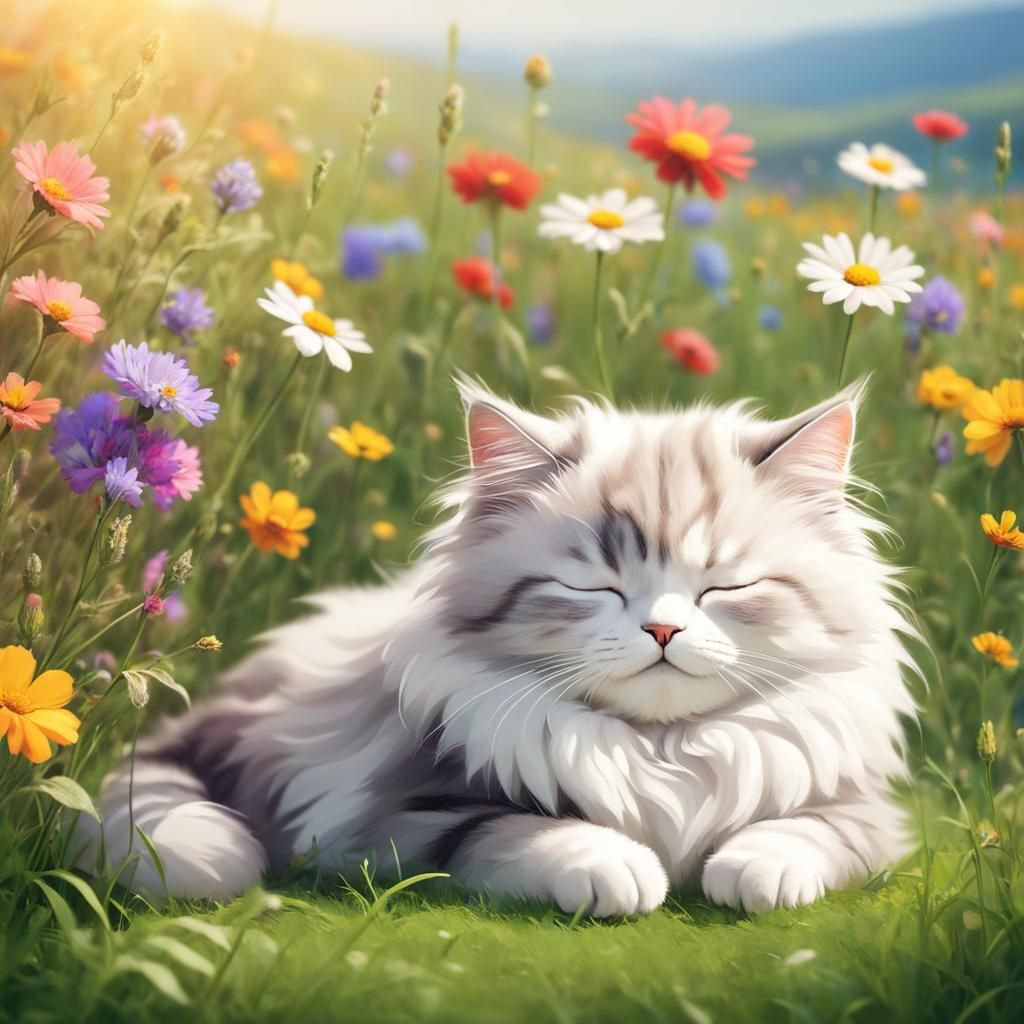 Sleeping Cat in Wildflower Field