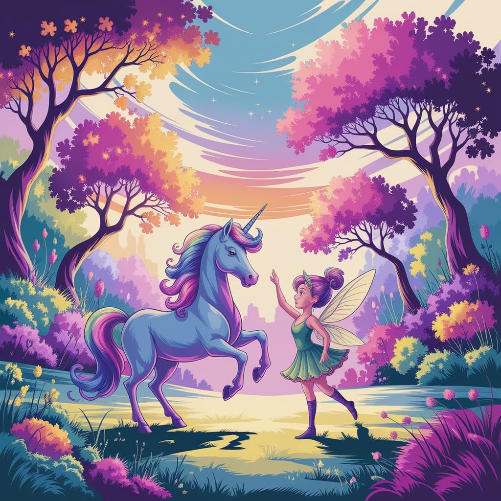 Enchanting Realm with Unicorn and Fairy in Watercolor Style