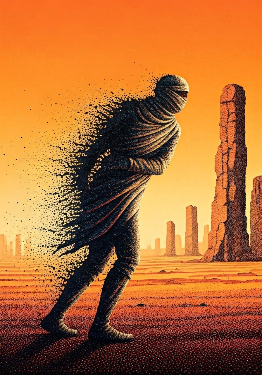 Surreal Pointillist Skeleton Disintegrating into Dots