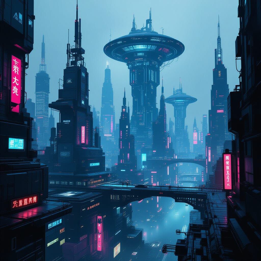 Intricate Futuristic Cityscape in Cyberpunk Style