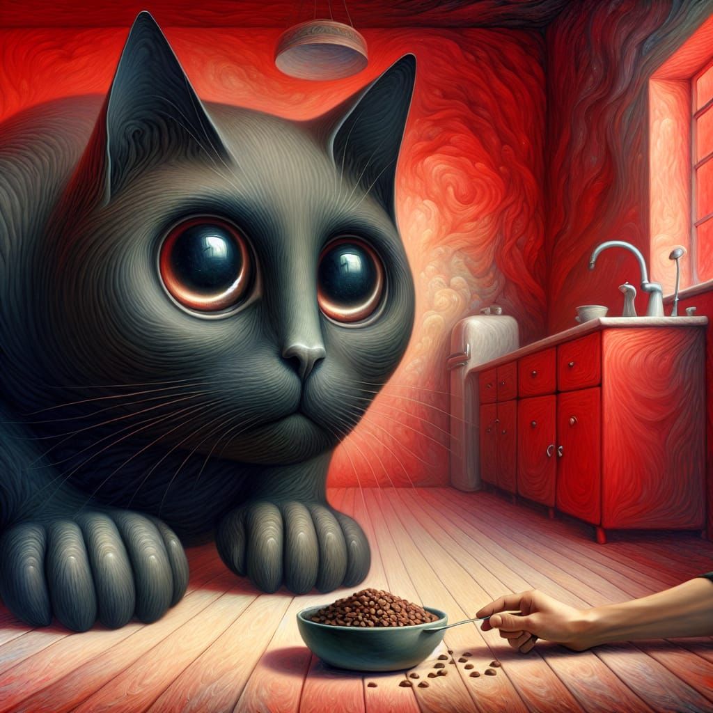 Giant Black Cat Gazes at Hand in Surreal Red Kitchen
