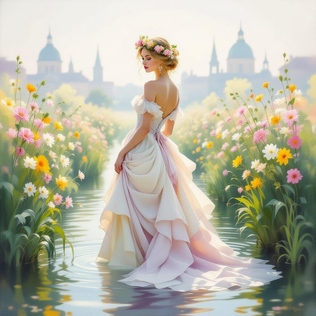 Dreamy Impressionist Painting of Woman in Pastel Gown by Flo...