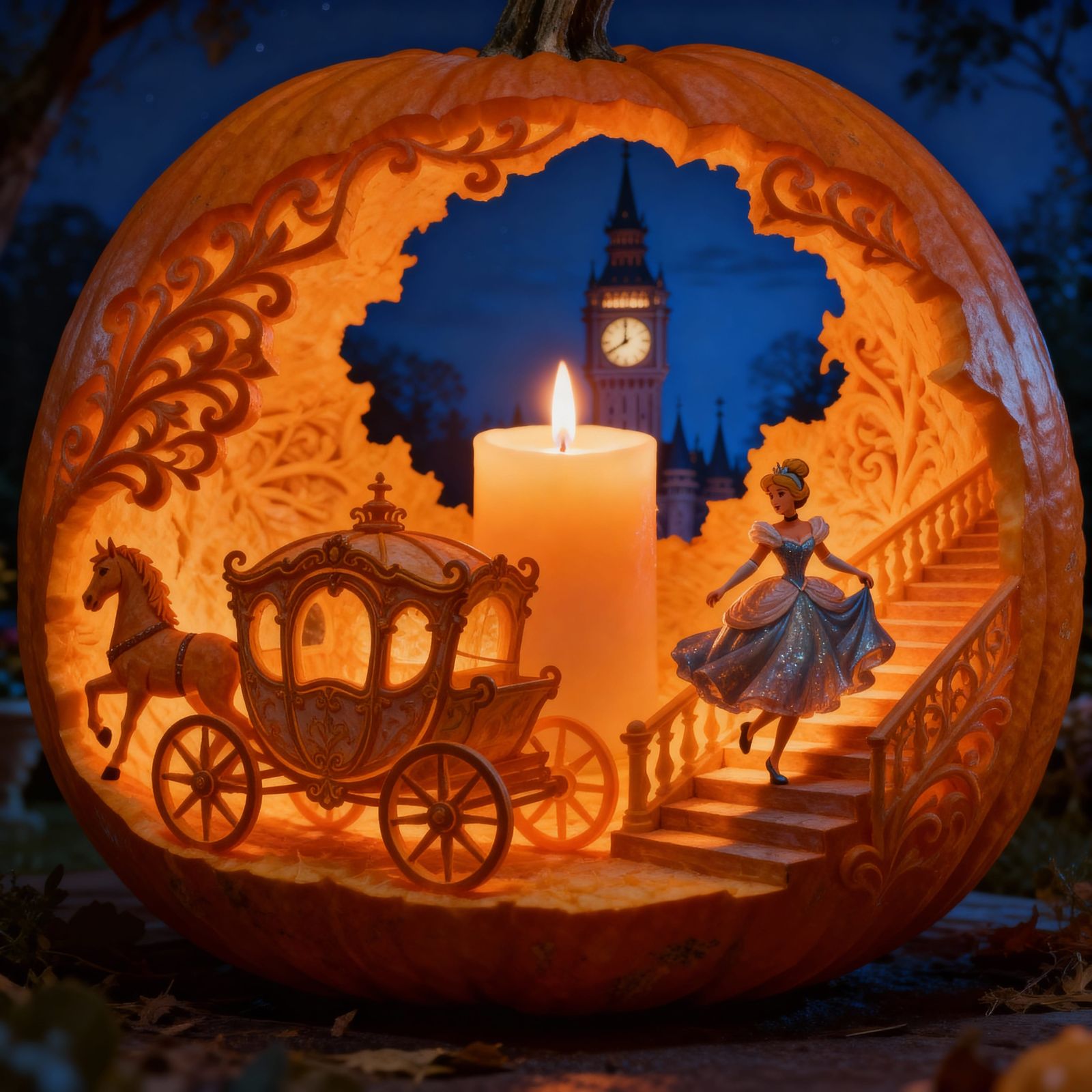 Magical Pumpkin Carriage Scene Carved Art