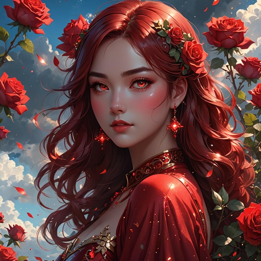 Cute Red Girl Digital Illustration with Roses
