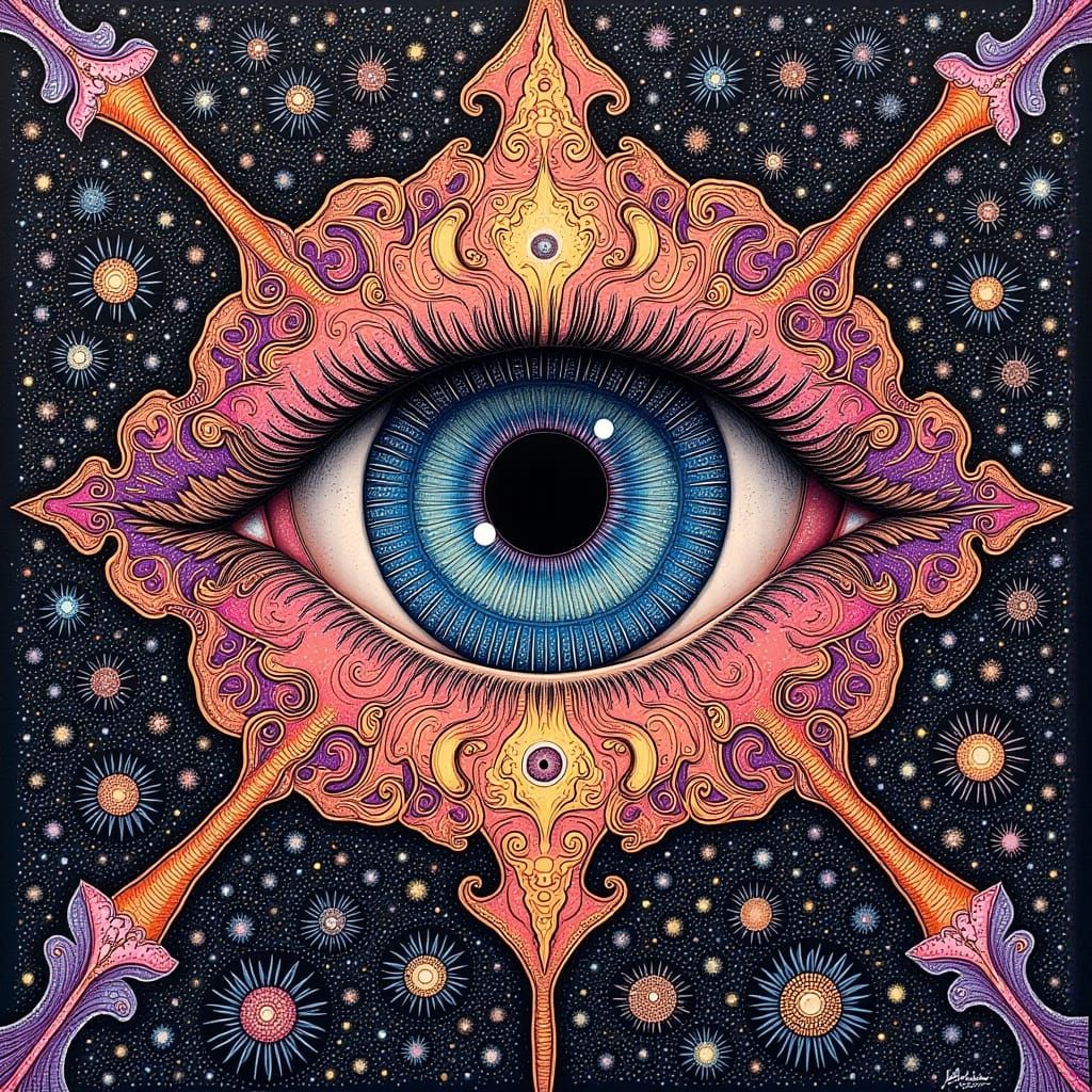 Iridescent Eye with Swirling Patterns in Surreal Style