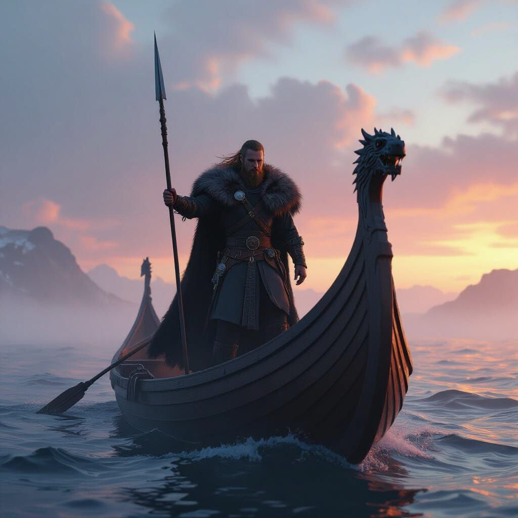 Bjorn Ironside on Viking Longship at Dawn