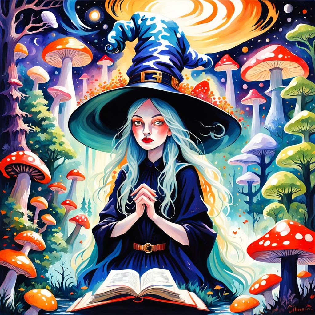Ethereal Witch Reading in a Cosmic Forest