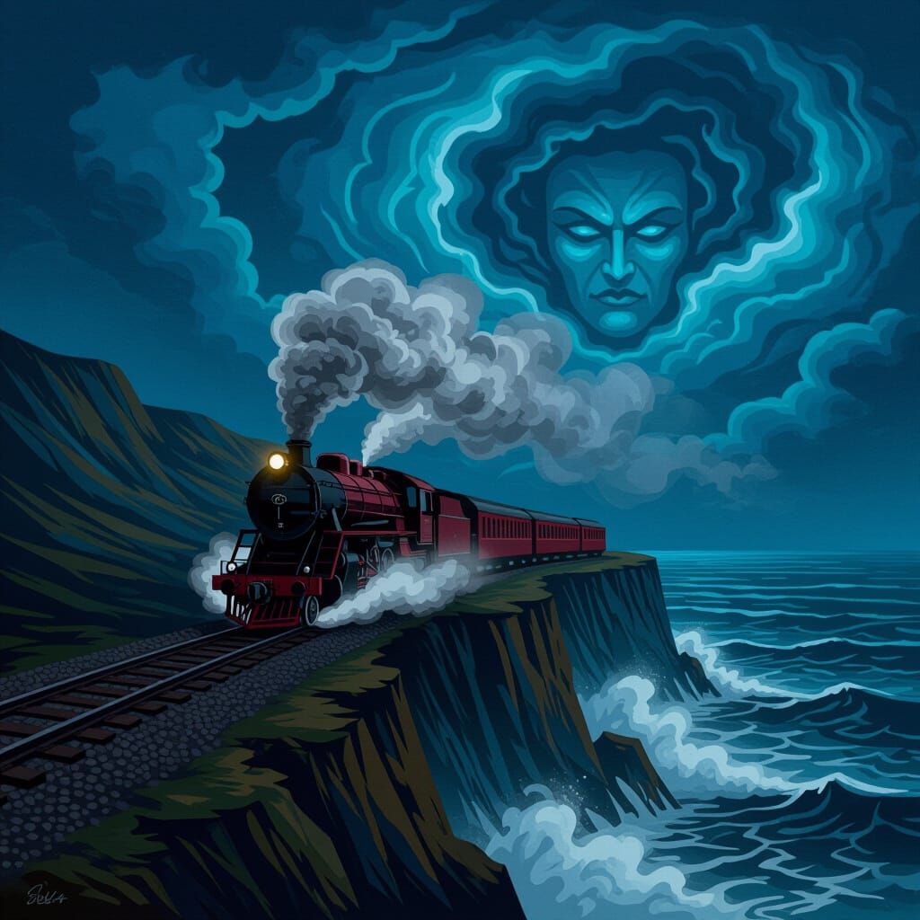 Crimson Steam Train on Jagged Cliff Overlooking Dark Sea