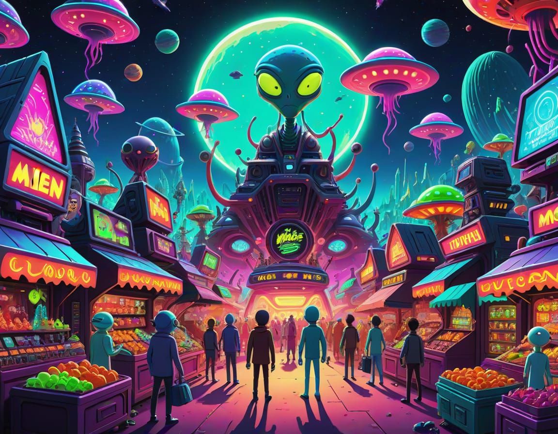 Cartoon Alien Marketplace in Rick and Morty Style
