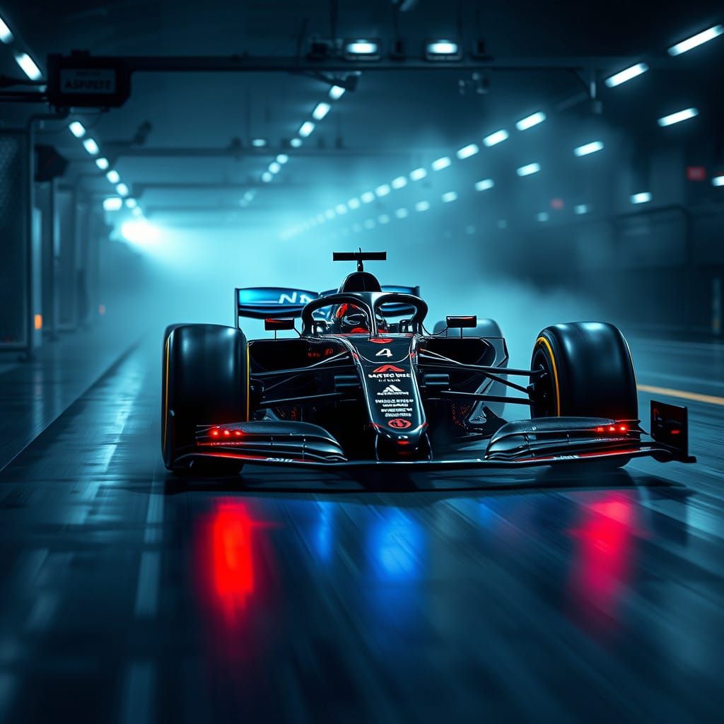 Sleek, Futuristic Formula 1 Car in Neon-Drenched Pit Lane