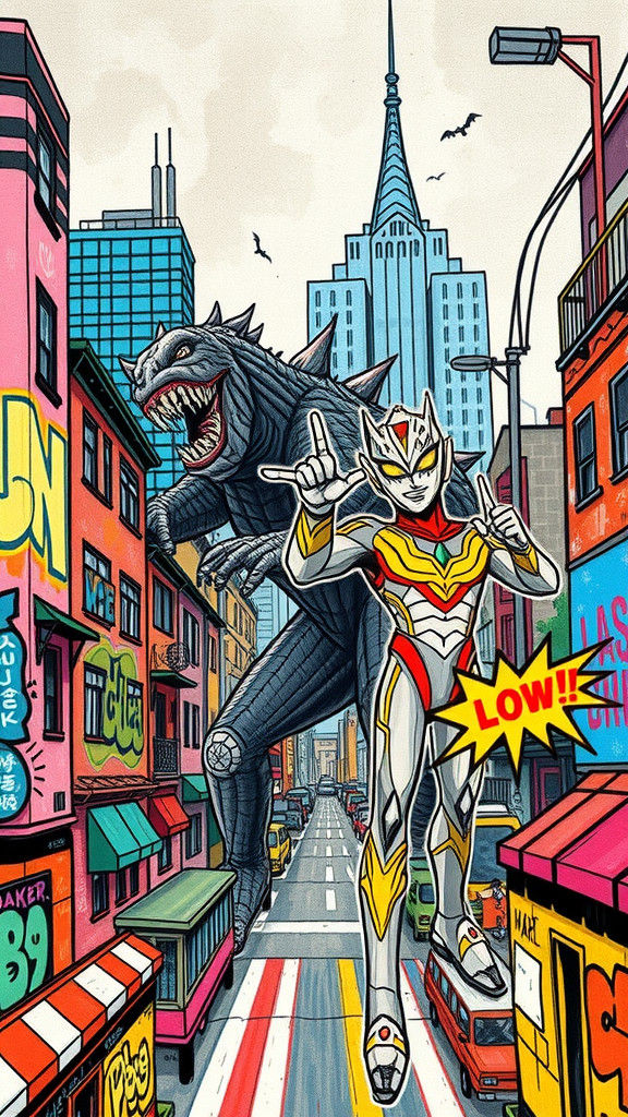Vibrant Cityscape of Ultraman vs Kaiju in a Banksy-Inspired....