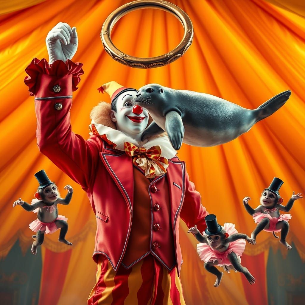 Vibrant Circus Leader: Charismatic Clown with Ring, Seal, an...