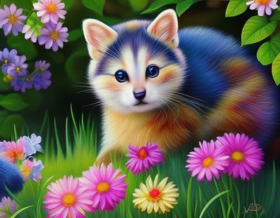 Whimsical Portrait of a Baby Raccoon in Garden