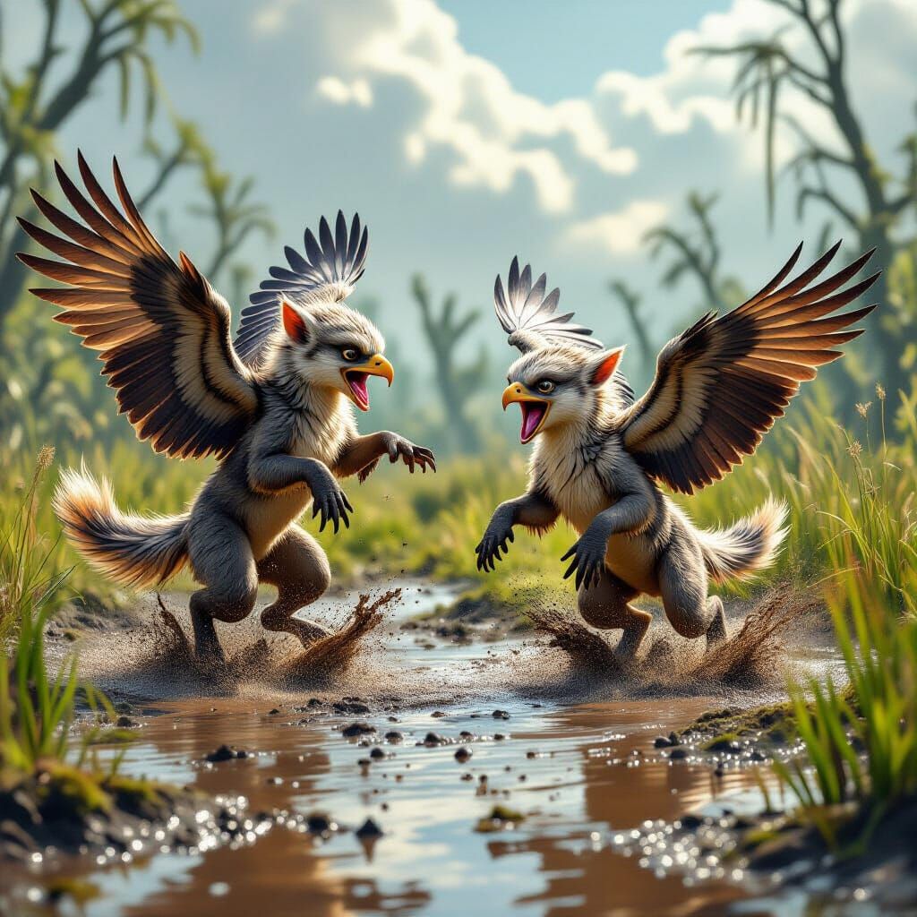 Young Gryphlings Play in Muddy Swamp on Alien World