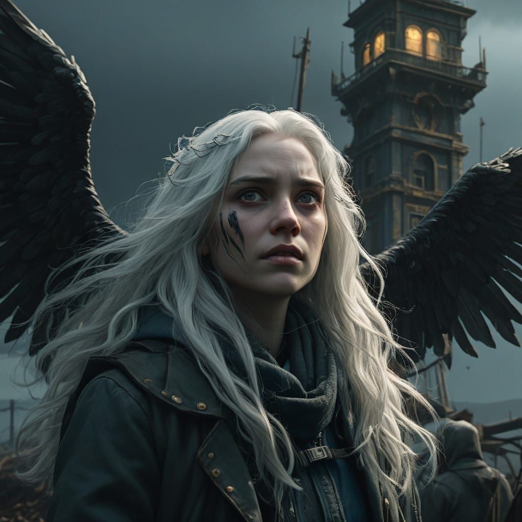 Mysterious Woman with Dark Wings and Piercing Gaze