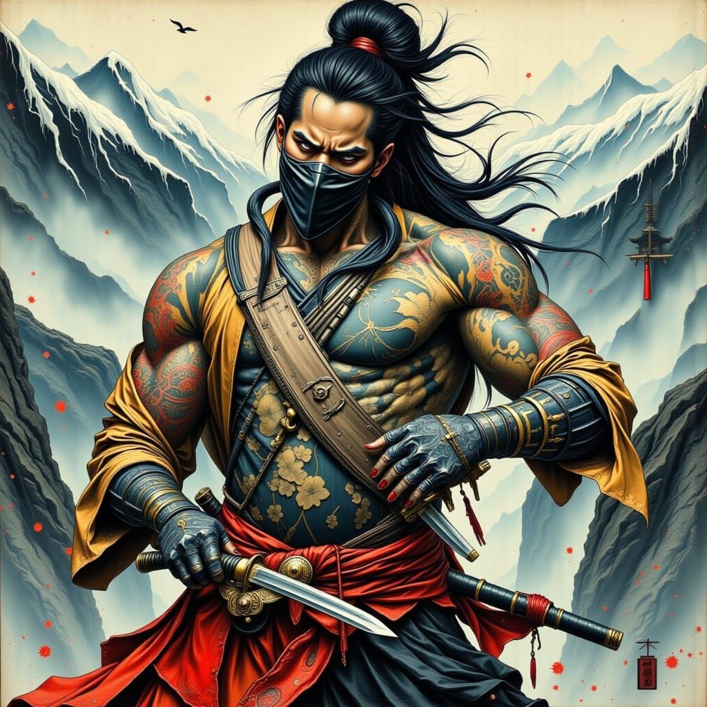 Tattooed Ninja in Japanese Landscape, Hokusai Style