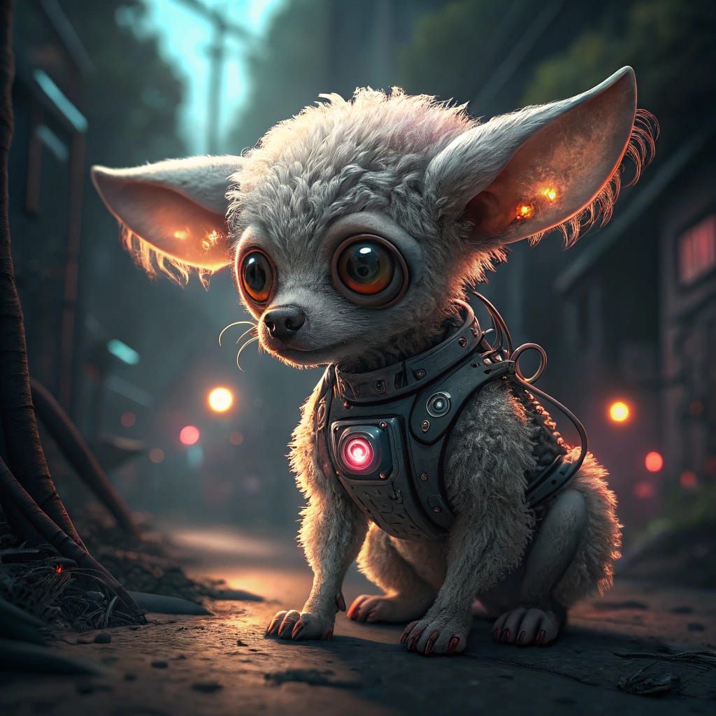 Cyberpunk Cyborg Pixie Poodle in Dark, High-Contrast Setting