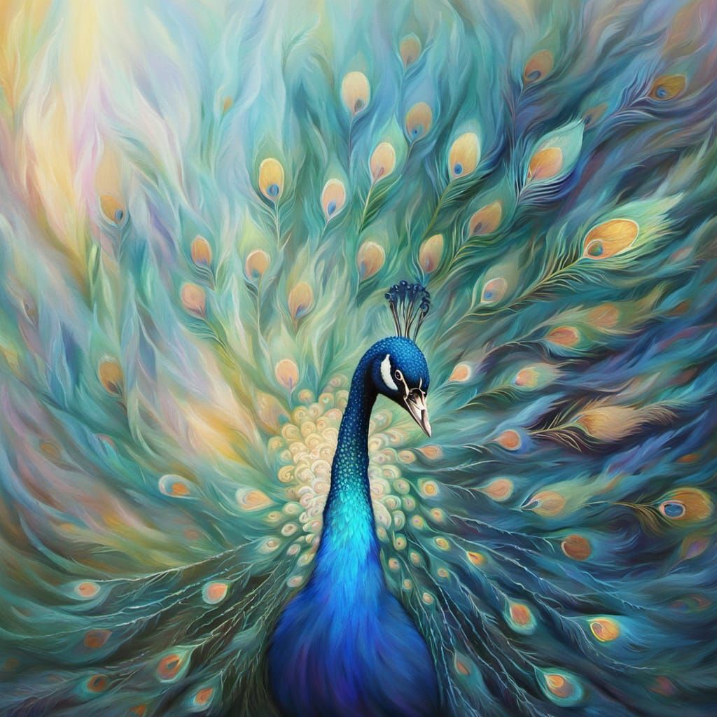 Fairies Dance in Iridescent Feather Garden as Oil Painting