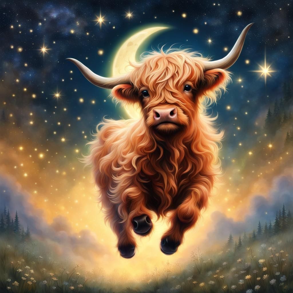 Chibi Highland Cow Jumps Over Moon