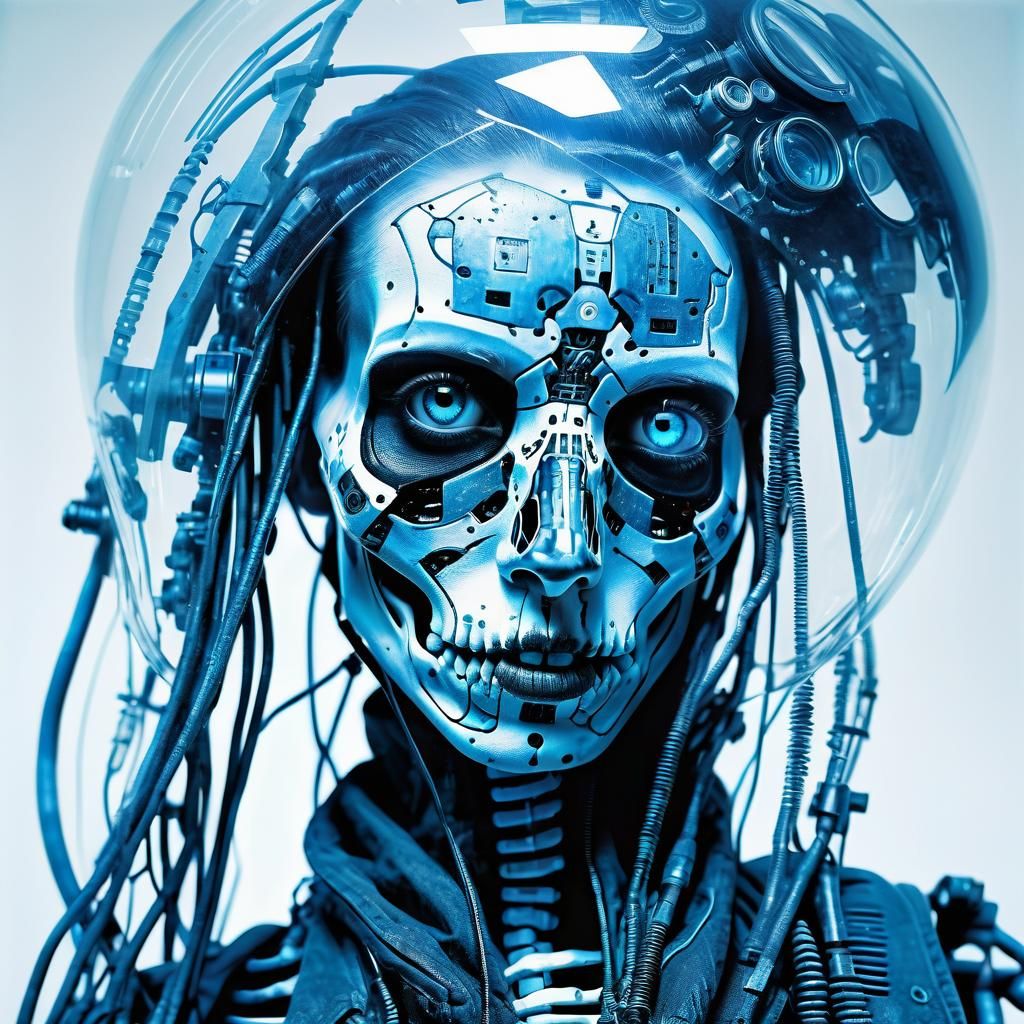 Cyberpunk Skeleton and Punk Woman in Double Exposure