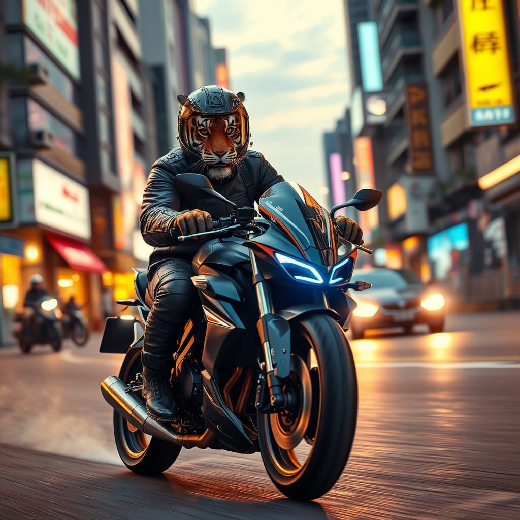 Tiger Rides Motorcycle Through Neon Jakarta