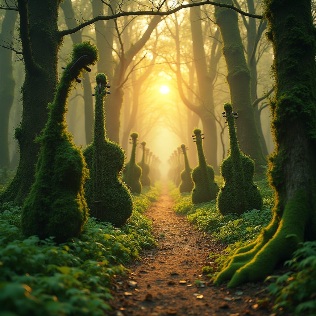 Surreal Forest Scene of Giant Musical Instruments Under Gold...