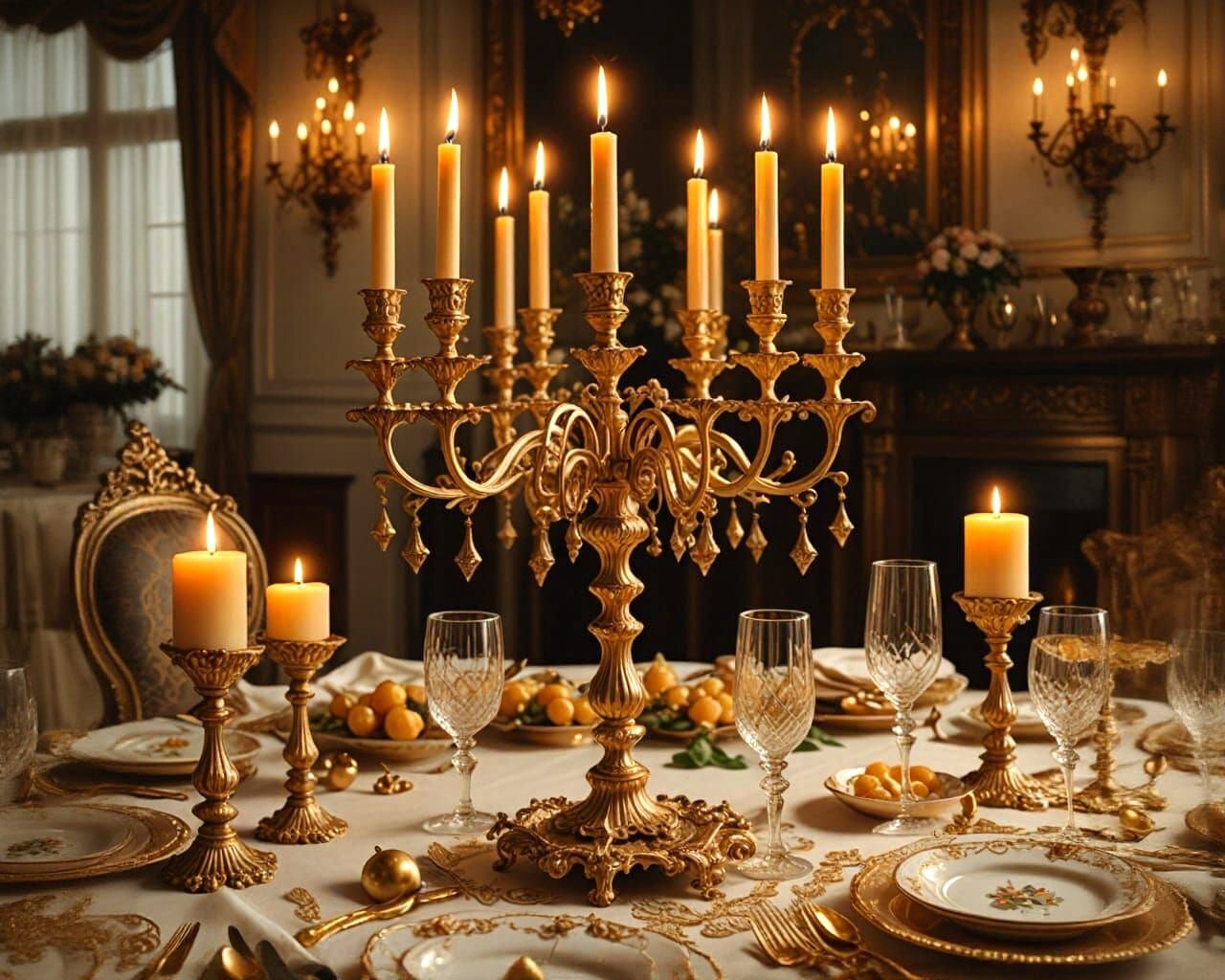 Victorian Dinner Table with Golden Candelabra in 3D