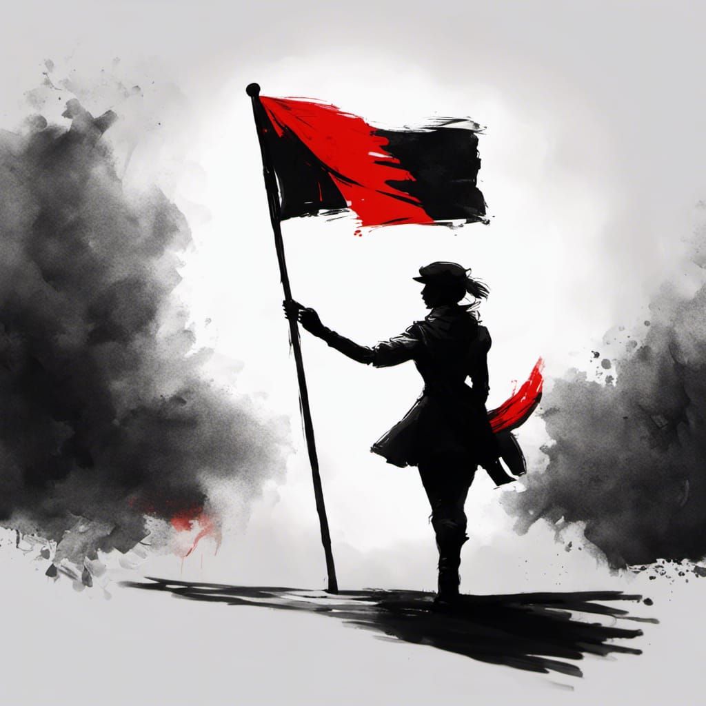 Woman with Flag: Charcoal Drawing in Dark Academia Style