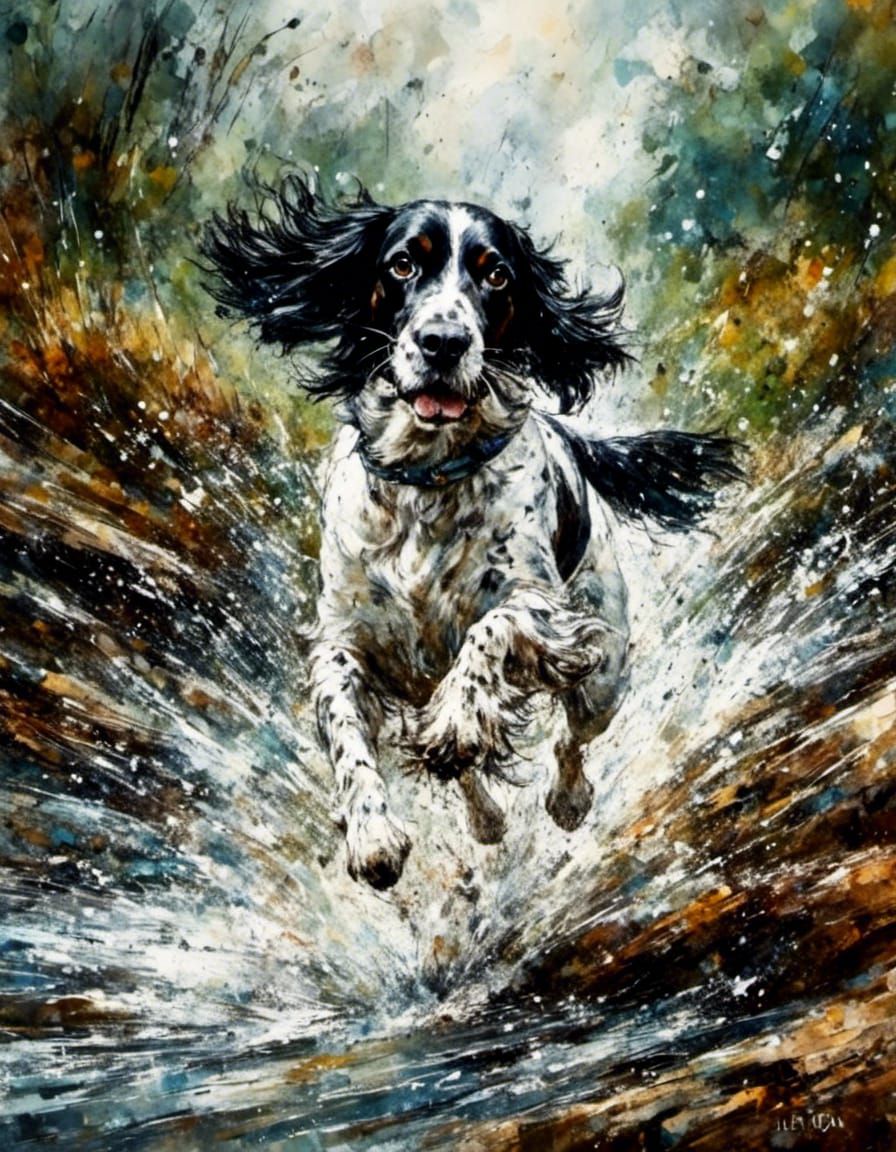 Spaniel Leaps Creek: Ink Illustration in Thunderstorm