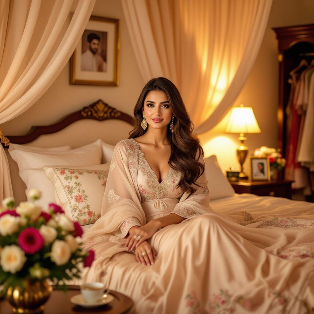 Elegant Newlywed in Lavish Bedroom, Mucha Style