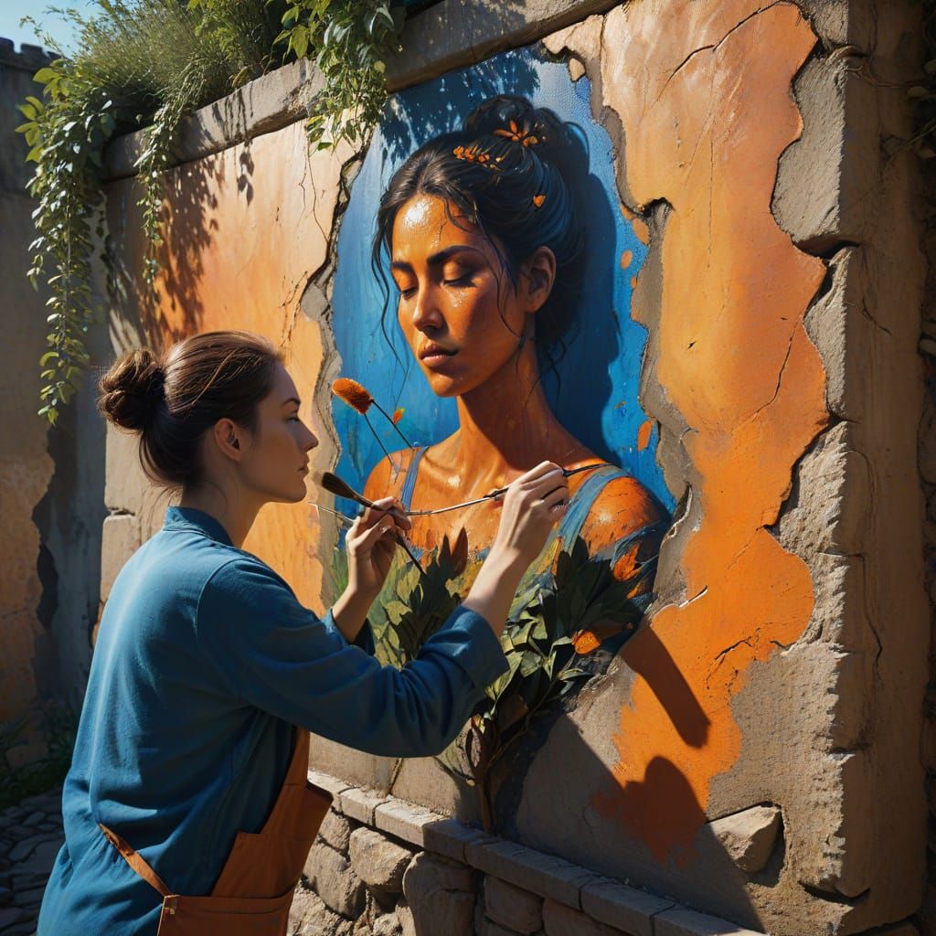 Vibrant Mural of Emerging Woman in Fantastical Realism Style